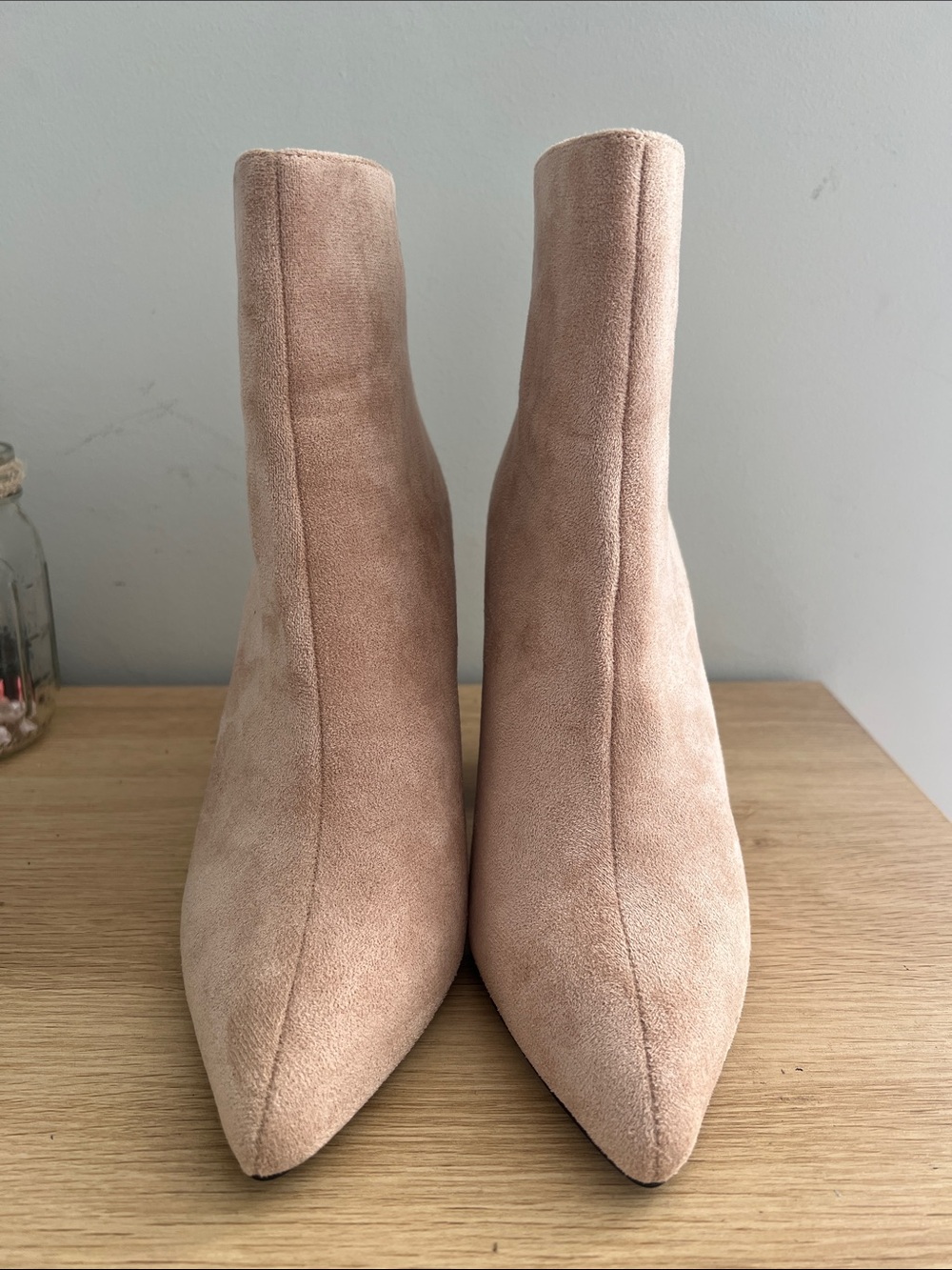 Fashion Nova Women’s Suede Pointed-Toe Ankle Boots in Light Beiget